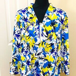 JACLYN SMITH COLLECTION Size XL 3/4 Sleeve Zip-Front Bright Colors Blue/Yellow